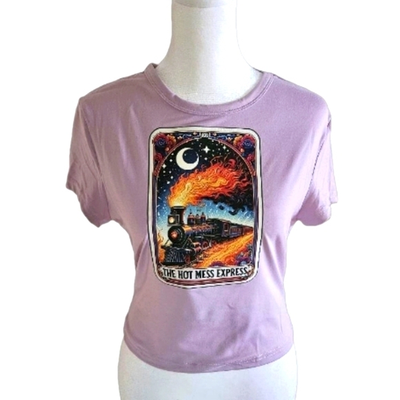 Upcycled Purple Crop Top  Hot Mess Express Graphic Tee Handmade OOAK Size L - Picture 3 of 17